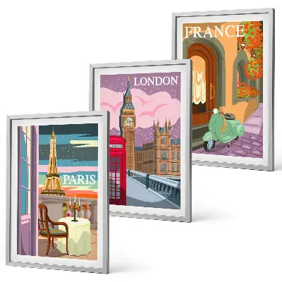 Wanddecoratie set schilderijen met retro uitzichten over Parijs en Londen