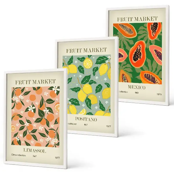 Wanddecoratieset schilderijen met retro motief van tropisch citrusfruit