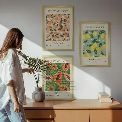 Wanddecoratieset schilderijen met retro motief van tropisch citrusfruit