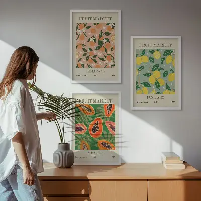 Wanddecoratieset schilderijen met retro motief van tropisch citrusfruit