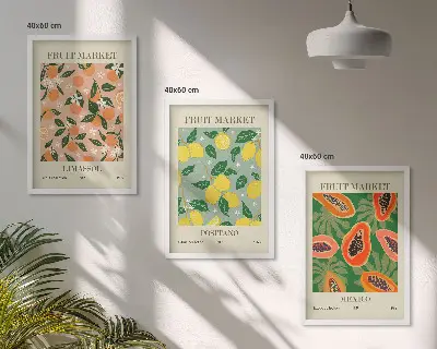 Wanddecoratieset schilderijen met retro motief van tropisch citrusfruit
