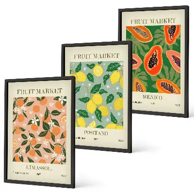 Wanddecoratieset schilderijen met retro motief van tropisch citrusfruit
