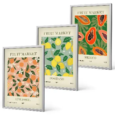 Wanddecoratieset schilderijen met retro motief van tropisch citrusfruit