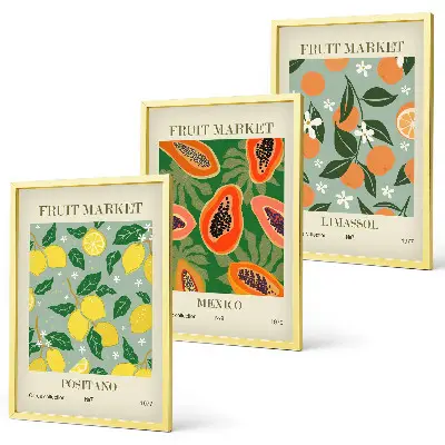 Wanddecoratieset met schilderijen fruitposters met citroenen en papaja's