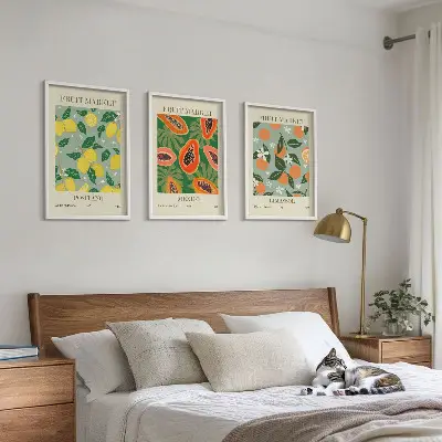 Wanddecoratieset met schilderijen fruitposters met citroenen en papaja's