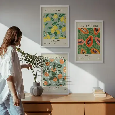 Wanddecoratieset met schilderijen fruitposters met citroenen en papaja's