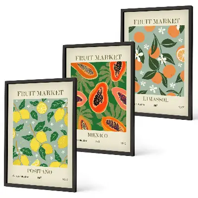 Wanddecoratieset met schilderijen fruitposters met citroenen en papaja's