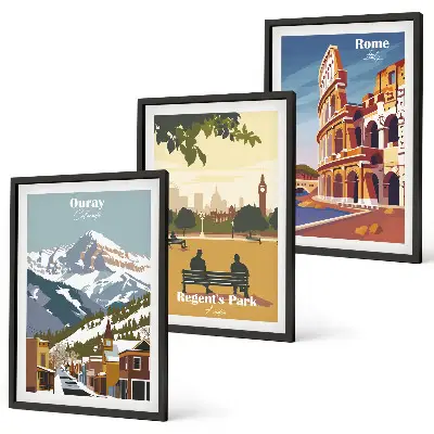 Wanddecoratieset schilderijen met afbeeldingen van de bergen bij Ouray, Londen en het Colosseum