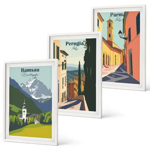 Wanddecoratieset met schilderijen berglandschappen en Italië