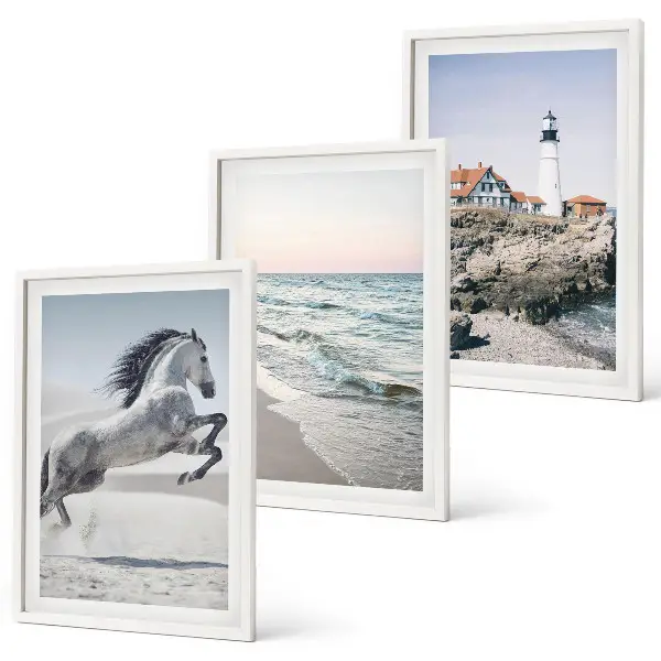 Wanddecoratieset schilderijen met afbeelding van strand, vuurtoren en golven