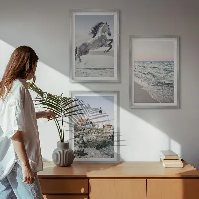Wanddecoratieset schilderijen met afbeelding van strand, vuurtoren en golven
