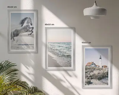 Wanddecoratieset schilderijen met afbeelding van strand, vuurtoren en golven