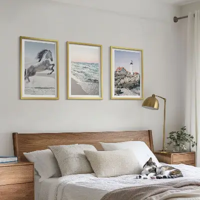 Wanddecoratieset schilderijen met afbeelding van strand, vuurtoren en golven