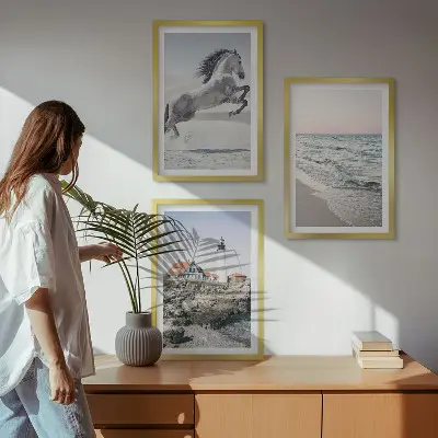 Wanddecoratieset schilderijen met afbeelding van strand, vuurtoren en golven