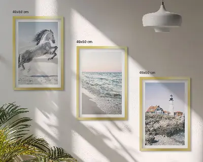 Wanddecoratieset schilderijen met afbeelding van strand, vuurtoren en golven