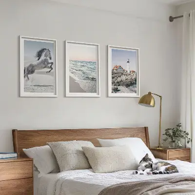 Wanddecoratieset schilderijen met afbeelding van strand, vuurtoren en golven