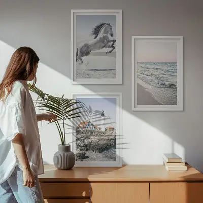 Wanddecoratieset schilderijen met afbeelding van strand, vuurtoren en golven