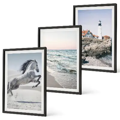 Wanddecoratieset schilderijen met afbeelding van strand, vuurtoren en golven