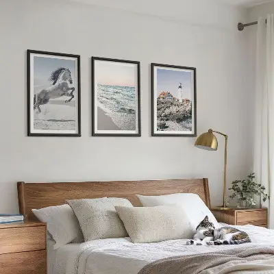 Wanddecoratieset schilderijen met afbeelding van strand, vuurtoren en golven