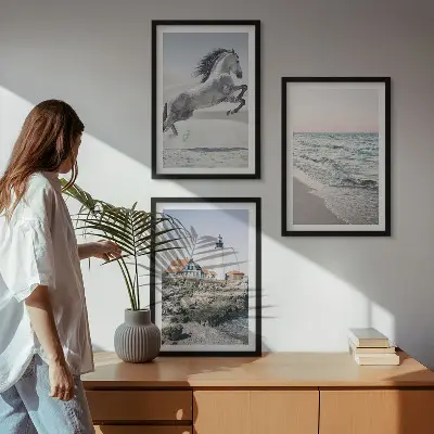Wanddecoratieset schilderijen met afbeelding van strand, vuurtoren en golven