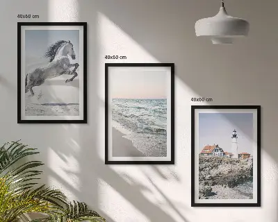 Wanddecoratieset schilderijen met afbeelding van strand, vuurtoren en golven
