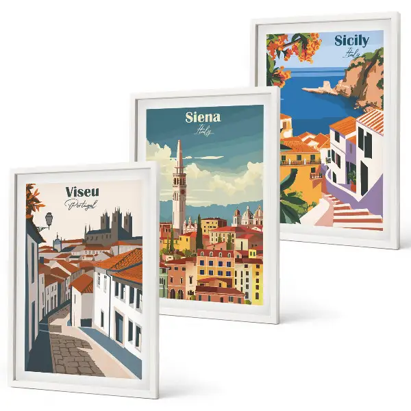 Set van wanddecoraties met stadsillustraties retro kunstwerken van wereldsteden