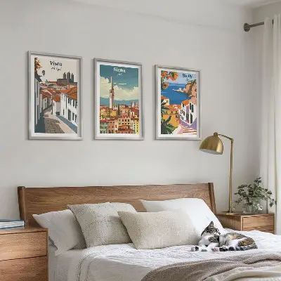 Set van wanddecoraties met stadsillustraties retro kunstwerken van wereldsteden