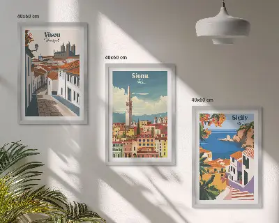 Set van wanddecoraties met stadsillustraties retro kunstwerken van wereldsteden