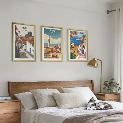 Set van wanddecoraties met stadsillustraties retro kunstwerken van wereldsteden