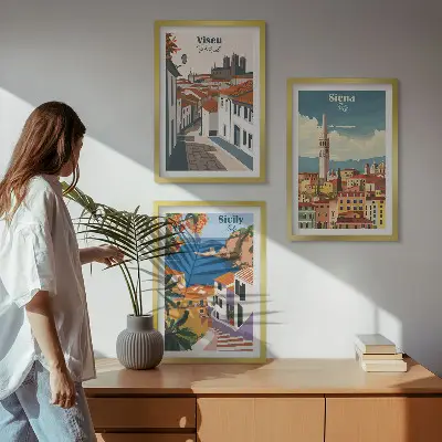 Set van wanddecoraties met stadsillustraties retro kunstwerken van wereldsteden