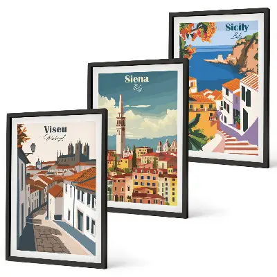 Set van wanddecoraties met stadsillustraties retro kunstwerken van wereldsteden