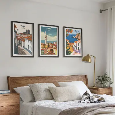 Set van wanddecoraties met stadsillustraties retro kunstwerken van wereldsteden