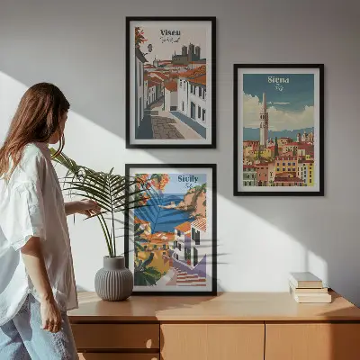 Set van wanddecoraties met stadsillustraties retro kunstwerken van wereldsteden