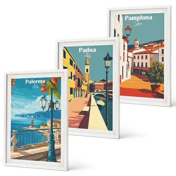 Wanddecoratieset met schilderijen vintage illustraties van steden