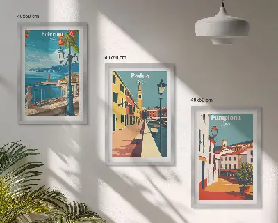 Wanddecoratieset met schilderijen vintage illustraties van steden