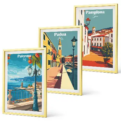 Wanddecoratieset met schilderijen vintage illustraties van steden