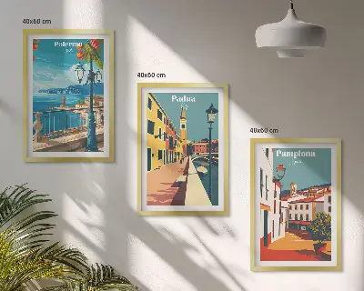 Wanddecoratieset met schilderijen vintage illustraties van steden