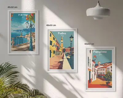 Wanddecoratieset met schilderijen vintage illustraties van steden