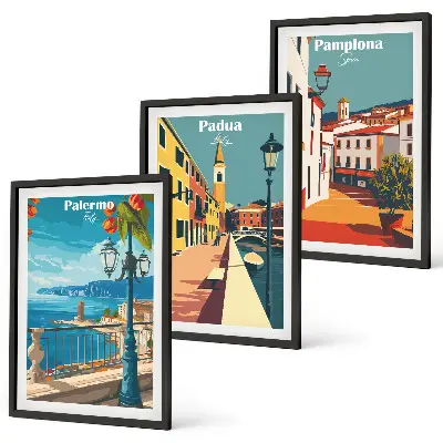 Wanddecoratieset met schilderijen vintage illustraties van steden