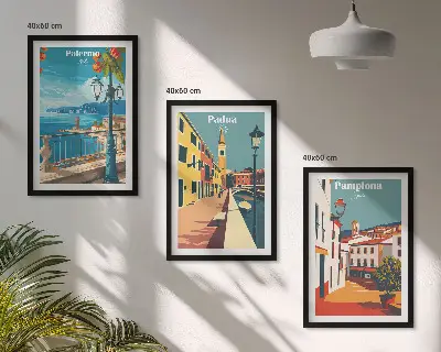 Wanddecoratieset met schilderijen vintage illustraties van steden