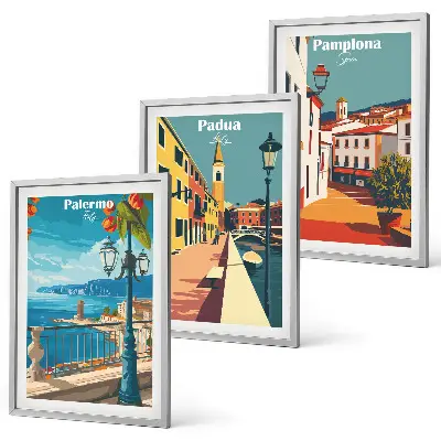 Wanddecoratieset met schilderijen vintage illustraties van steden