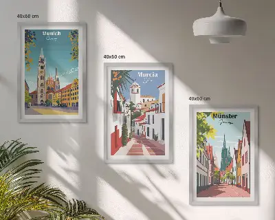 Fotowand met kleurrijke tekeningen van Europese steden