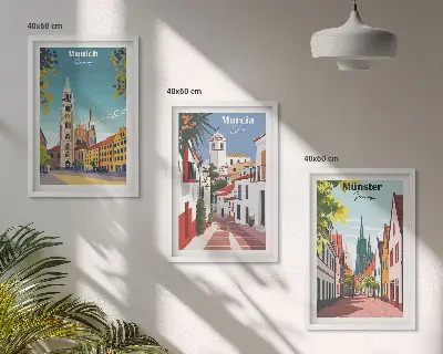 Fotowand met kleurrijke tekeningen van Europese steden