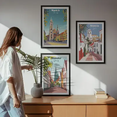 Fotowand met kleurrijke tekeningen van Europese steden