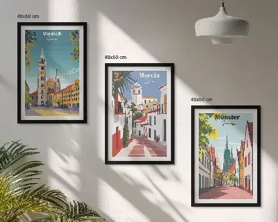 Fotowand met kleurrijke tekeningen van Europese steden
