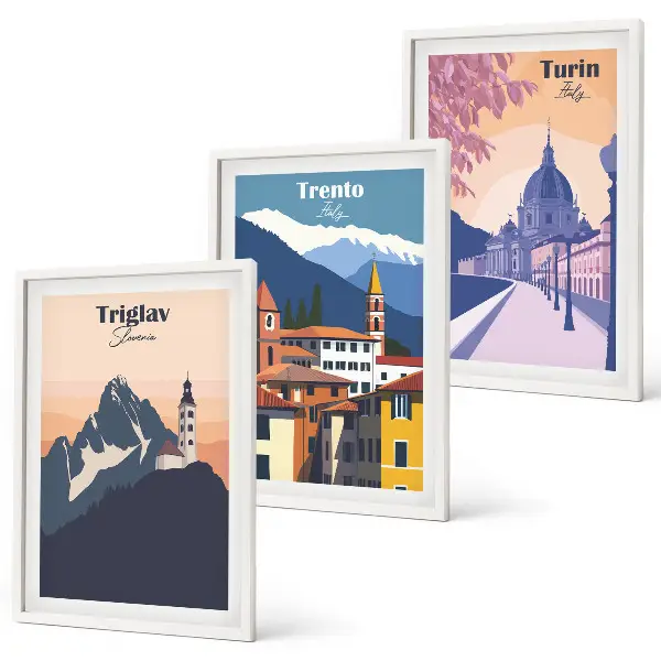Fotowand met retro illustraties van bergen en architectuur