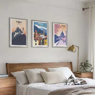 Fotowand met retro illustraties van bergen en architectuur