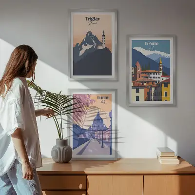 Fotowand met retro illustraties van bergen en architectuur