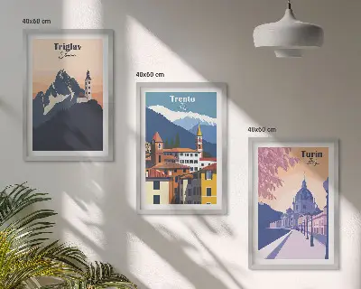Fotowand met retro illustraties van bergen en architectuur