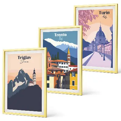 Fotowand met retro illustraties van bergen en architectuur